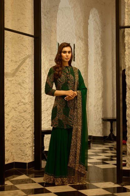 Gharara Set in cutdana and gold sequin leaf embroidery