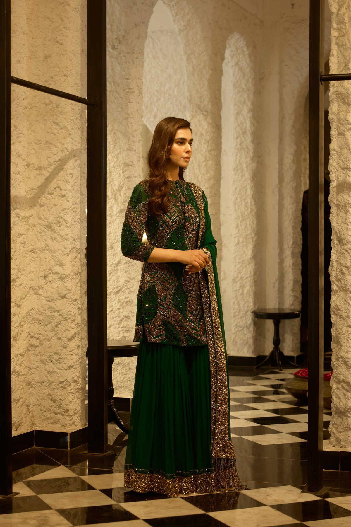 Gharara Set in cutdana and gold sequin leaf embroidery