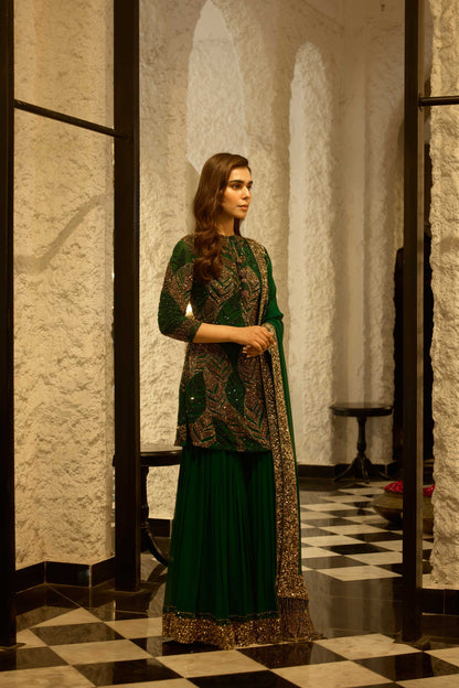 Gharara Set in cutdana and gold sequin leaf embroidery