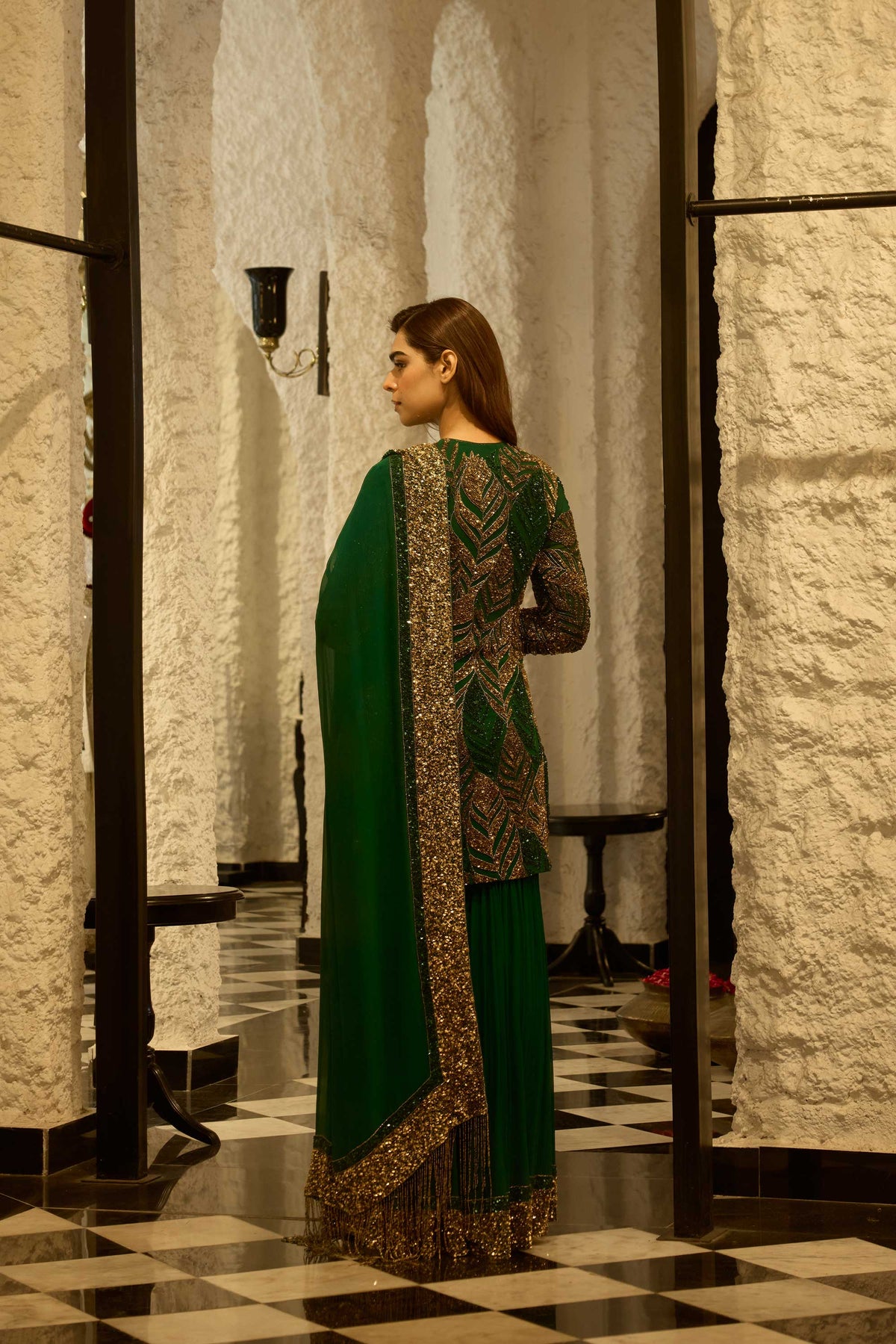 Gharara Set in cutdana and gold sequin leaf embroidery