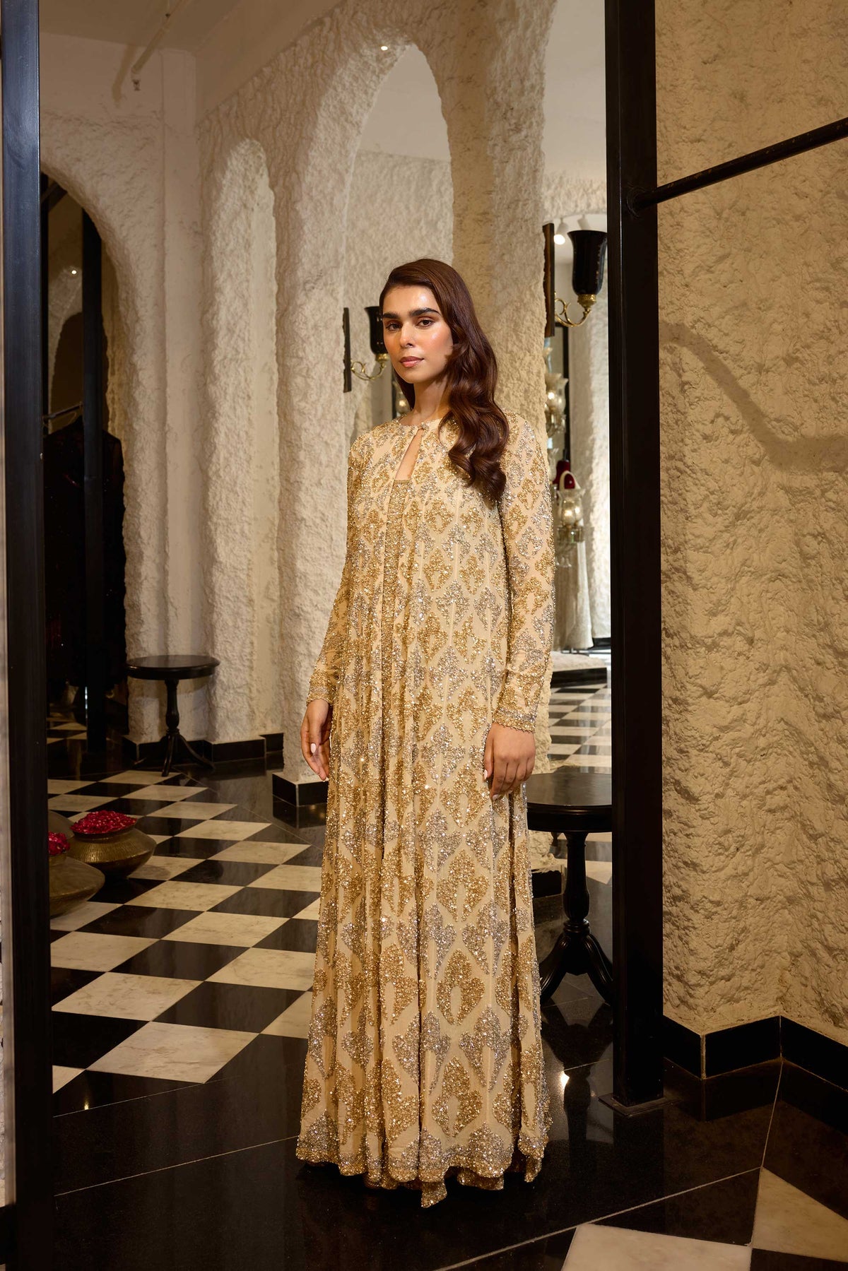 Jacket Set in Grid Booti silver & gold sequin embroidery