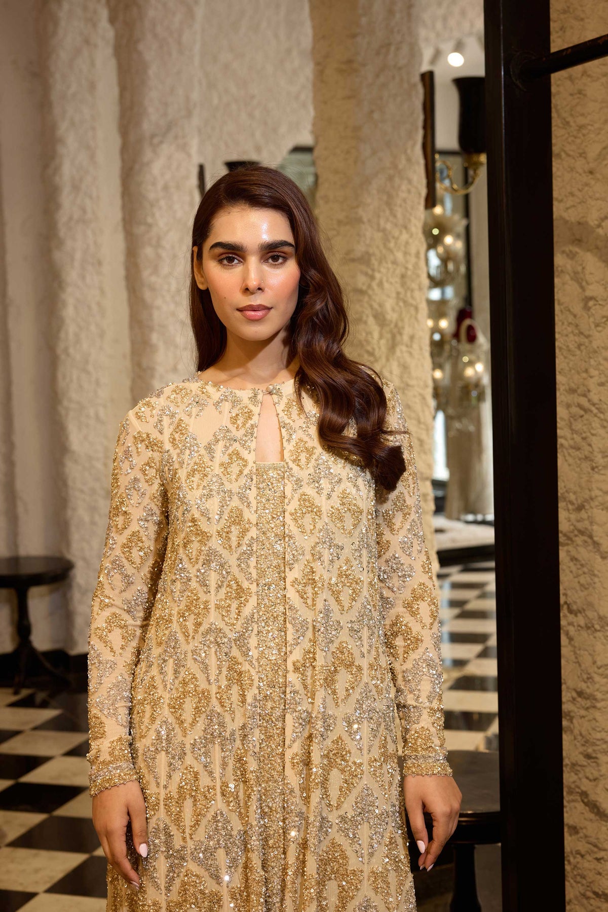 Jacket Set in Grid Booti silver & gold sequin embroidery