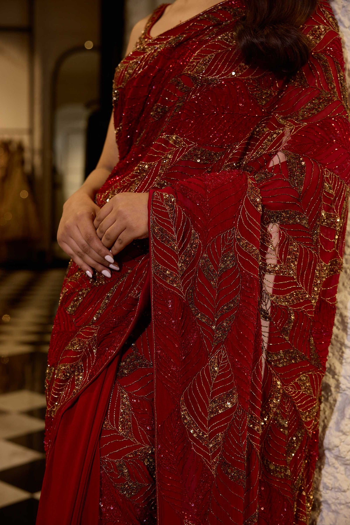 Sari Set in Cutdana and gold sequin Leaf embroidery