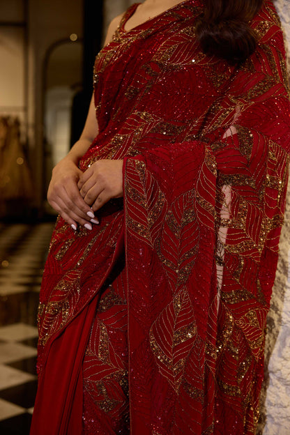 Sari Set in Cutdana and gold sequin Leaf embroidery