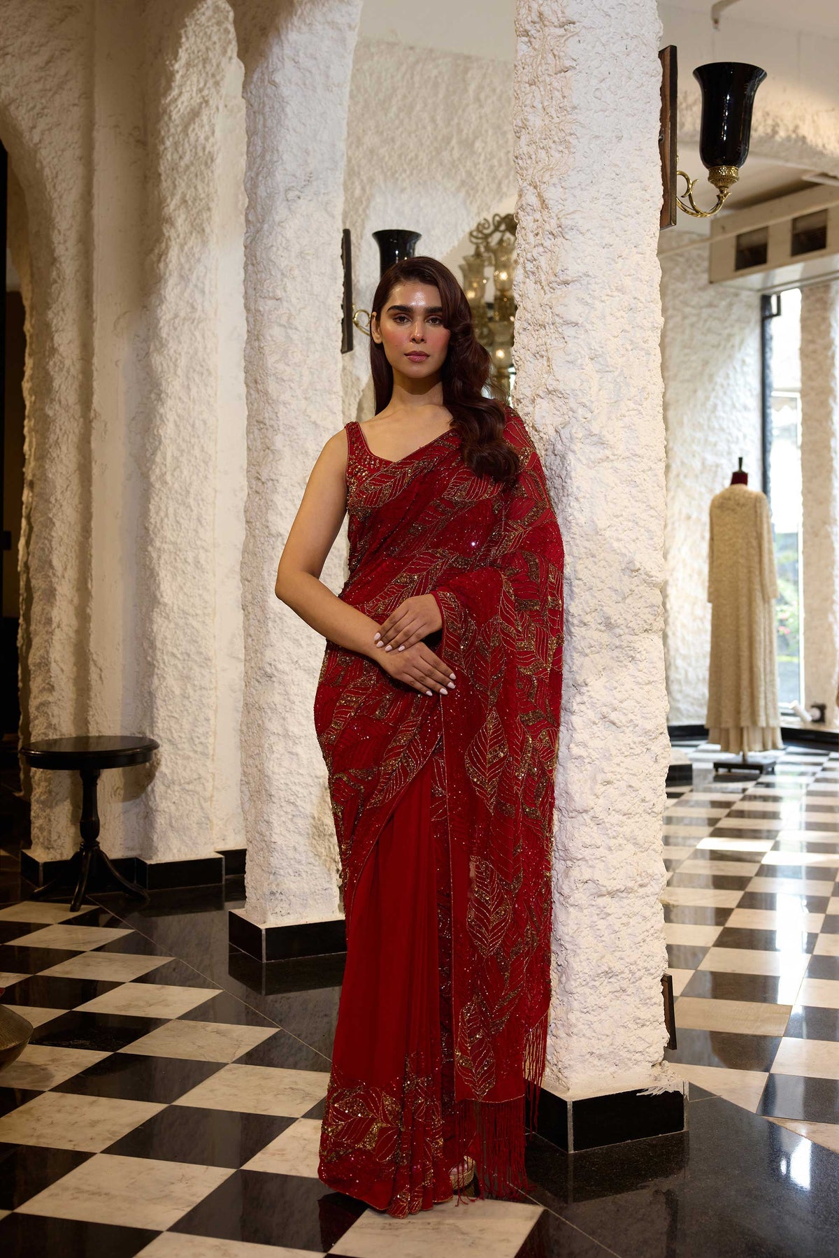 Sari Set in Cutdana and gold sequin Leaf embroidery