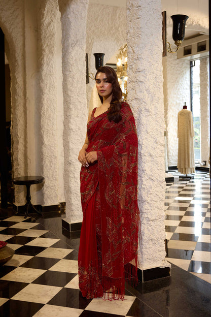 Sari Set in Cutdana and gold sequin Leaf embroidery