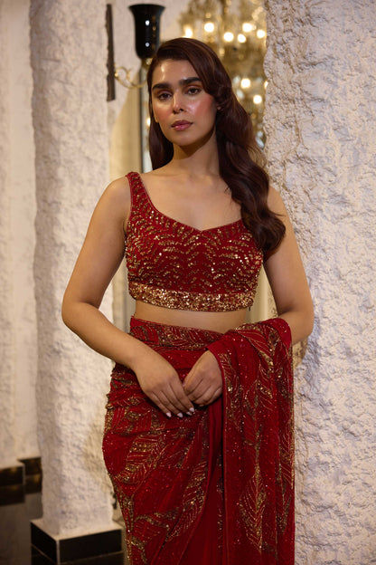 Sari Set in Cutdana and gold sequin Leaf embroidery