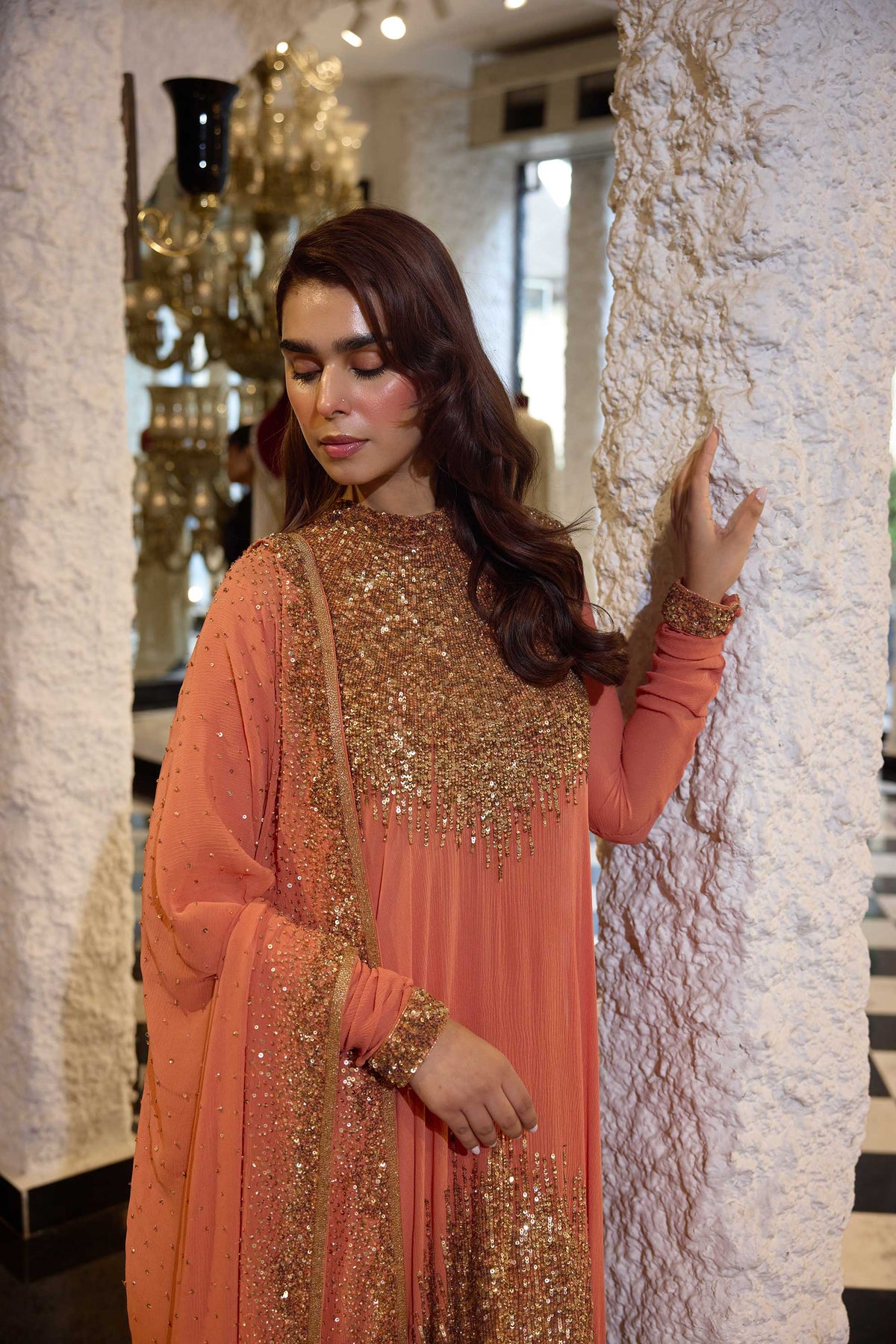 Asymmetric Kurta Set in Line Sequin Embroidery