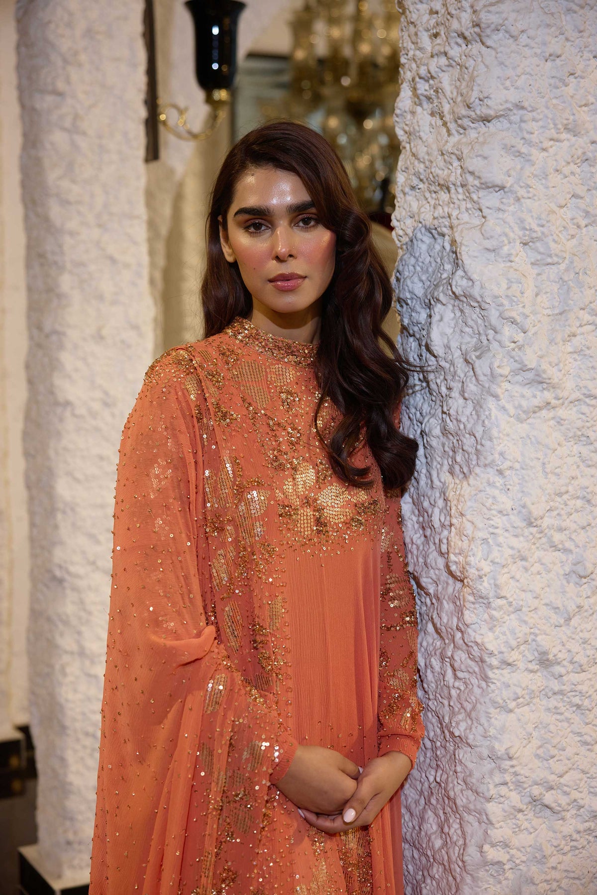 Asymmetric Kurta Set in Floral Sprinkle Sequin Embroidery