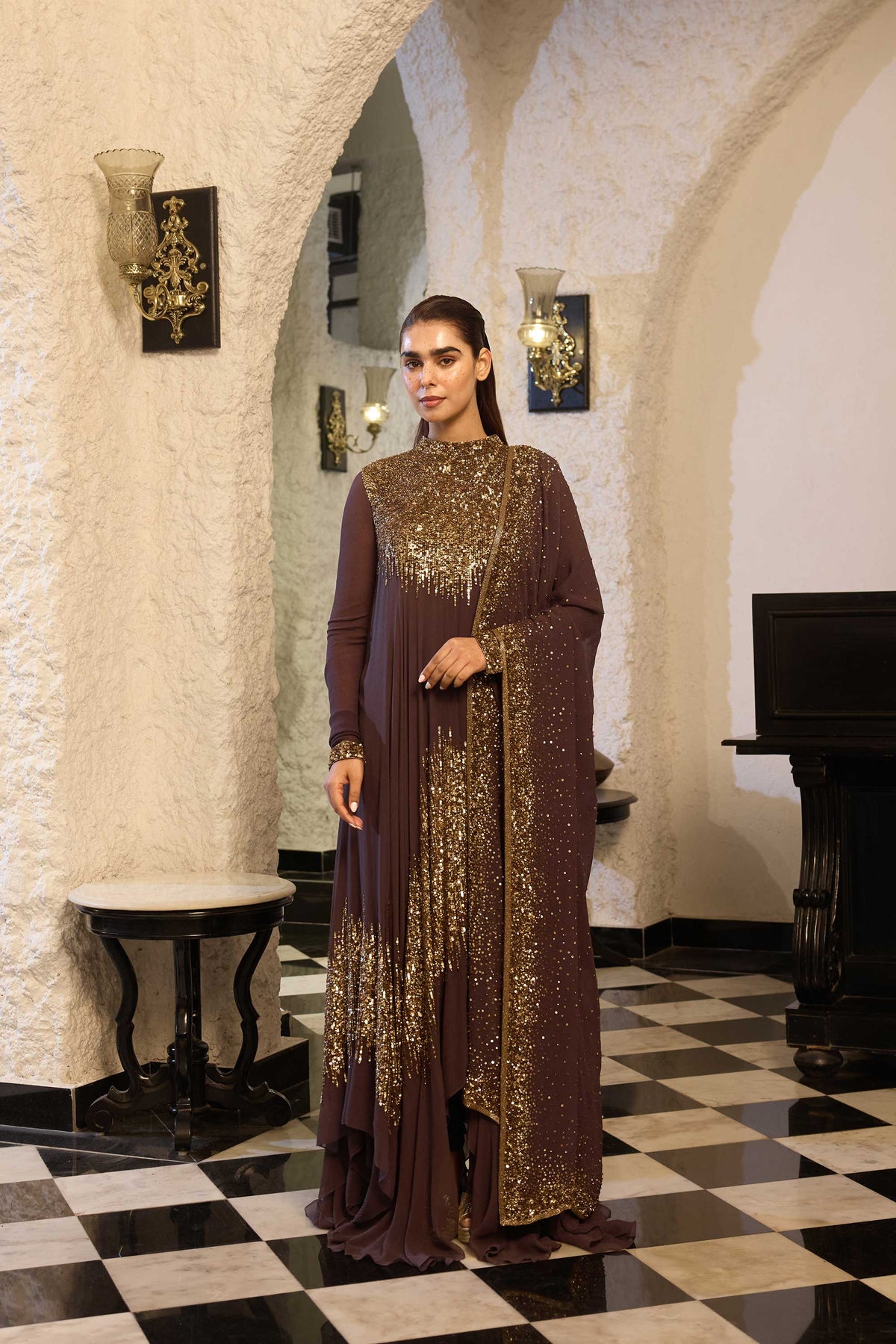 Asymmetric Kurta Set in Line Sequin Embroidery