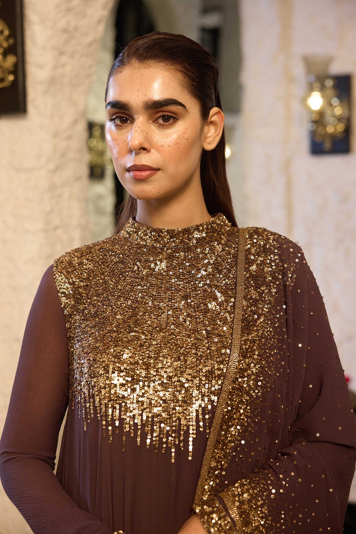 Asymmetric Kurta Set in Line Sequin Embroidery