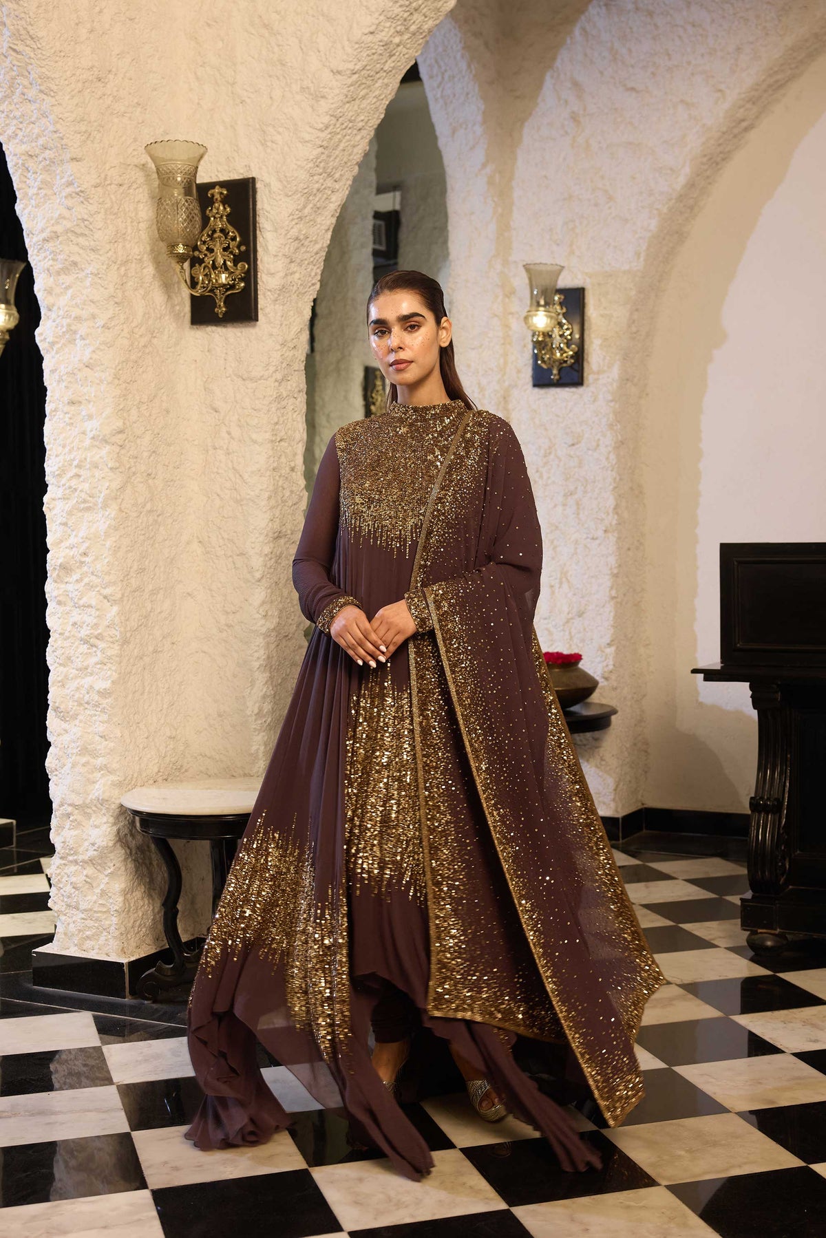 Asymmetric Kurta Set in Line Sequin Embroidery