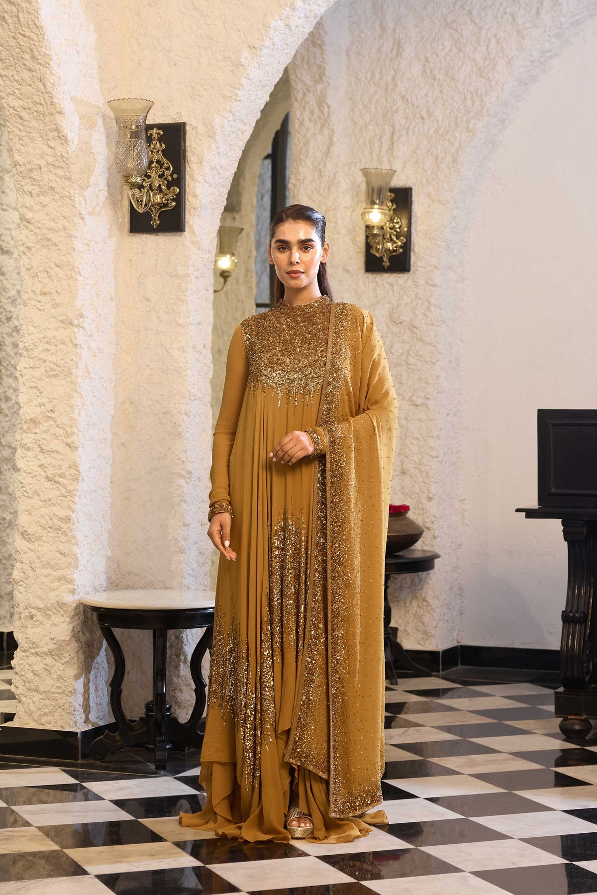 Asymmetric Kurta Set in Line Sequin Embroidery