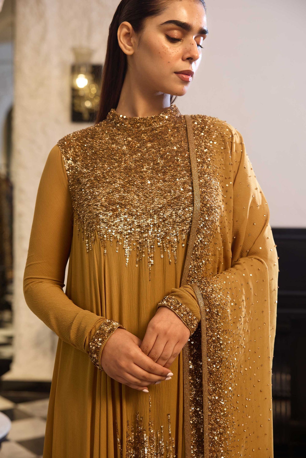 Asymmetric Kurta Set in Line Sequin Embroidery