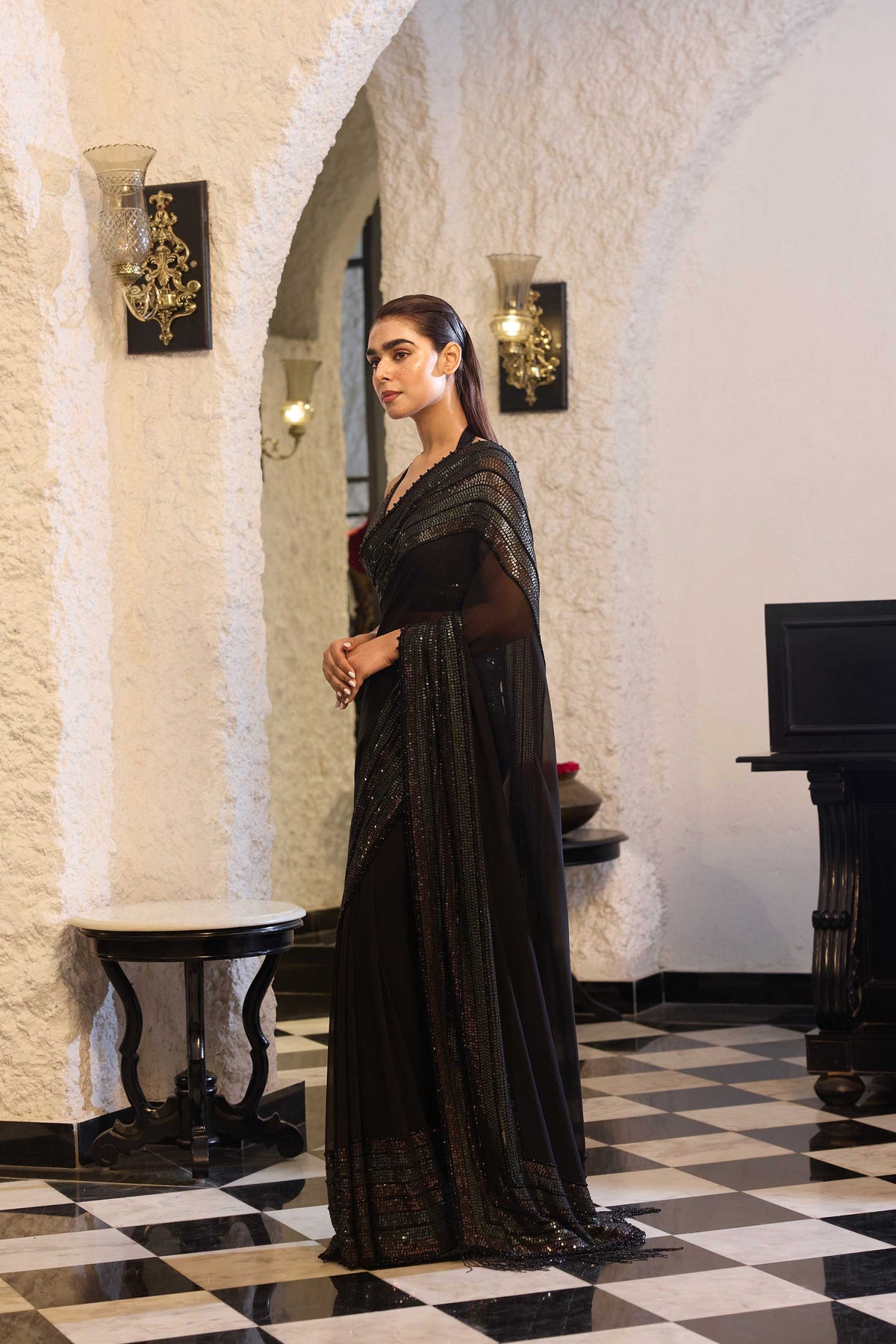 Sari Set in Two Tone Sheeting Sequin Embroidery