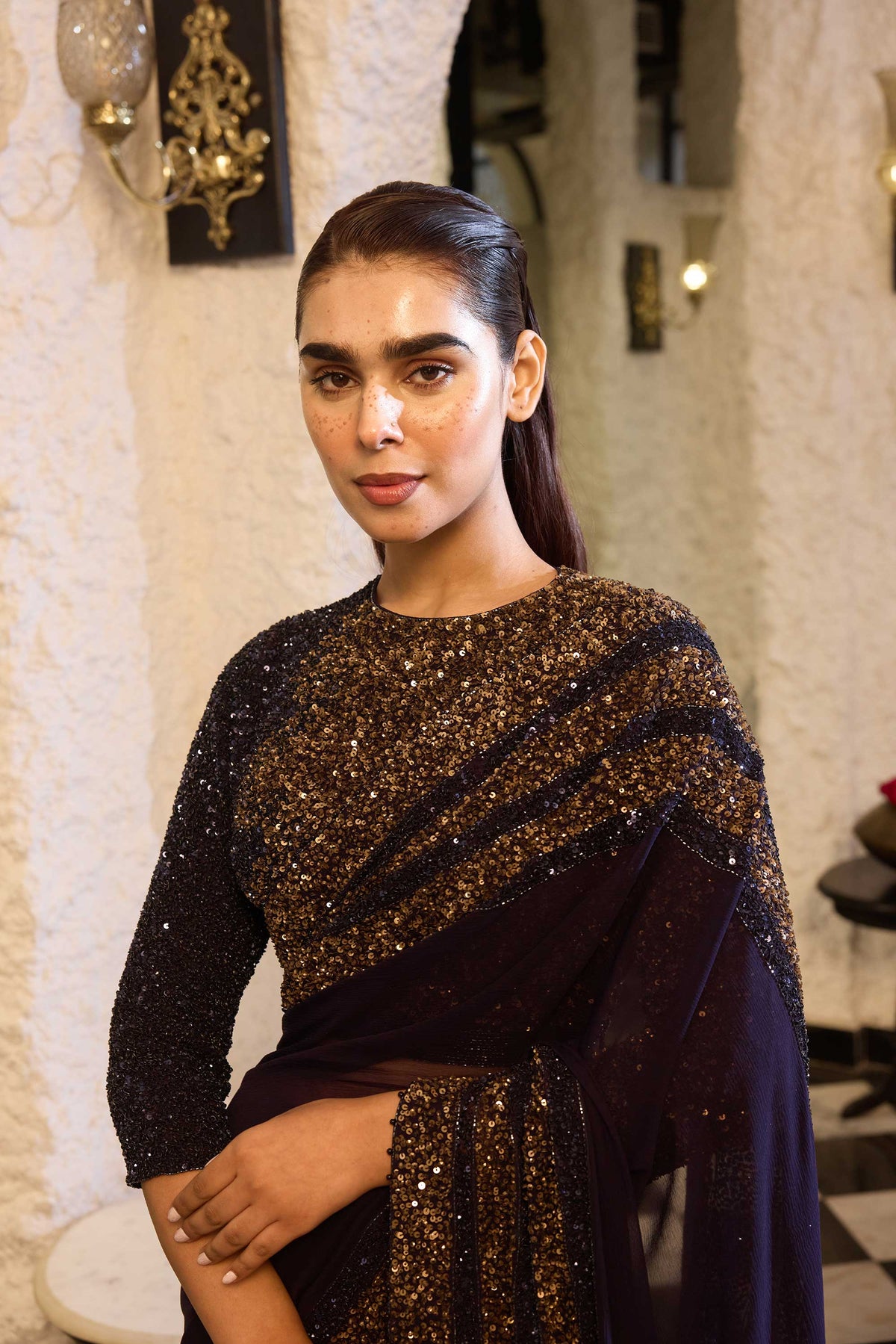 Sari Set in Antique gold and tonal sequin embroidery