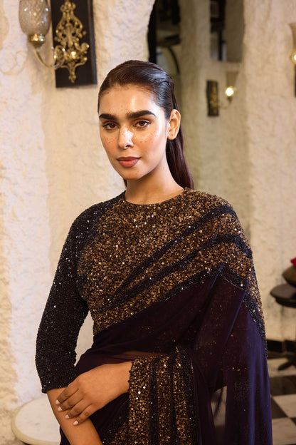 Sari Set in Antique gold and tonal sequin embroidery