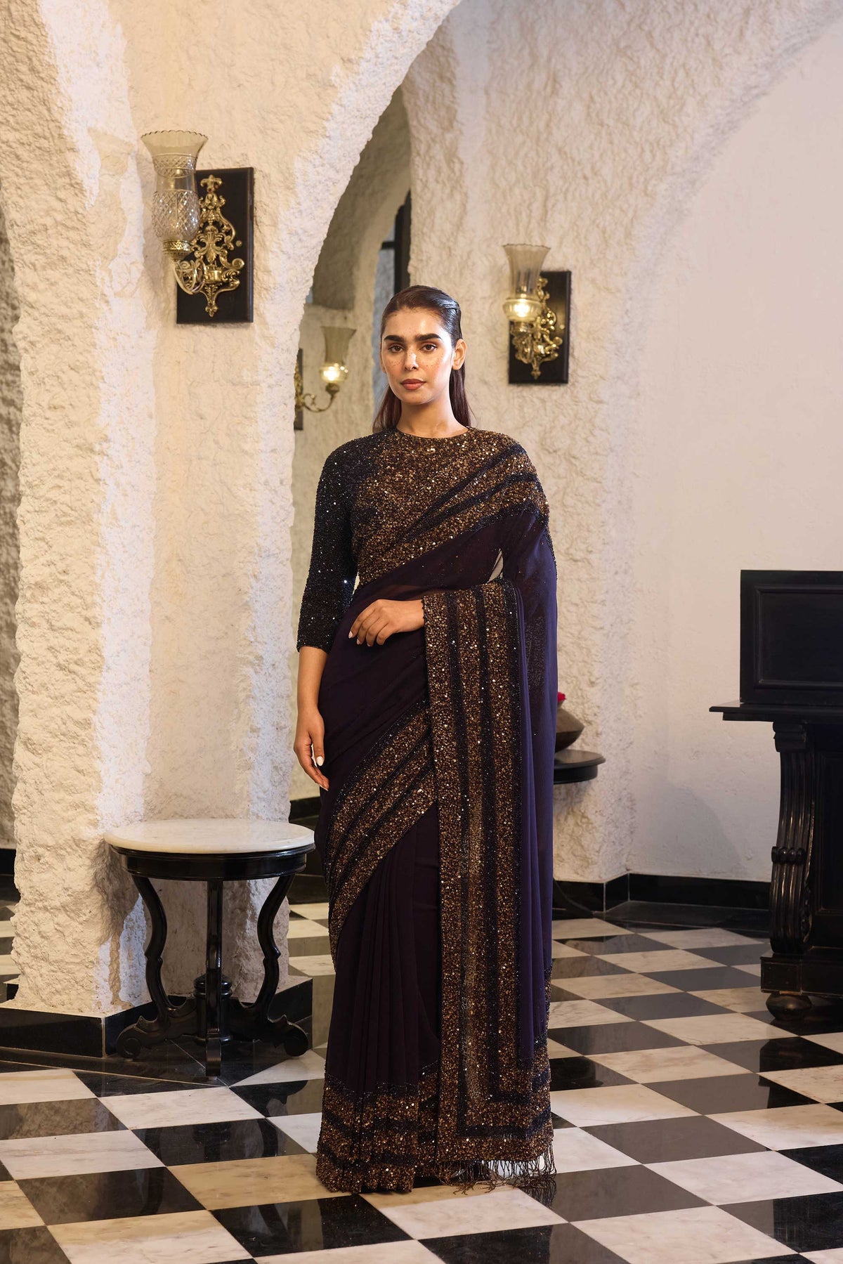 Sari Set in Antique gold and tonal sequin embroidery