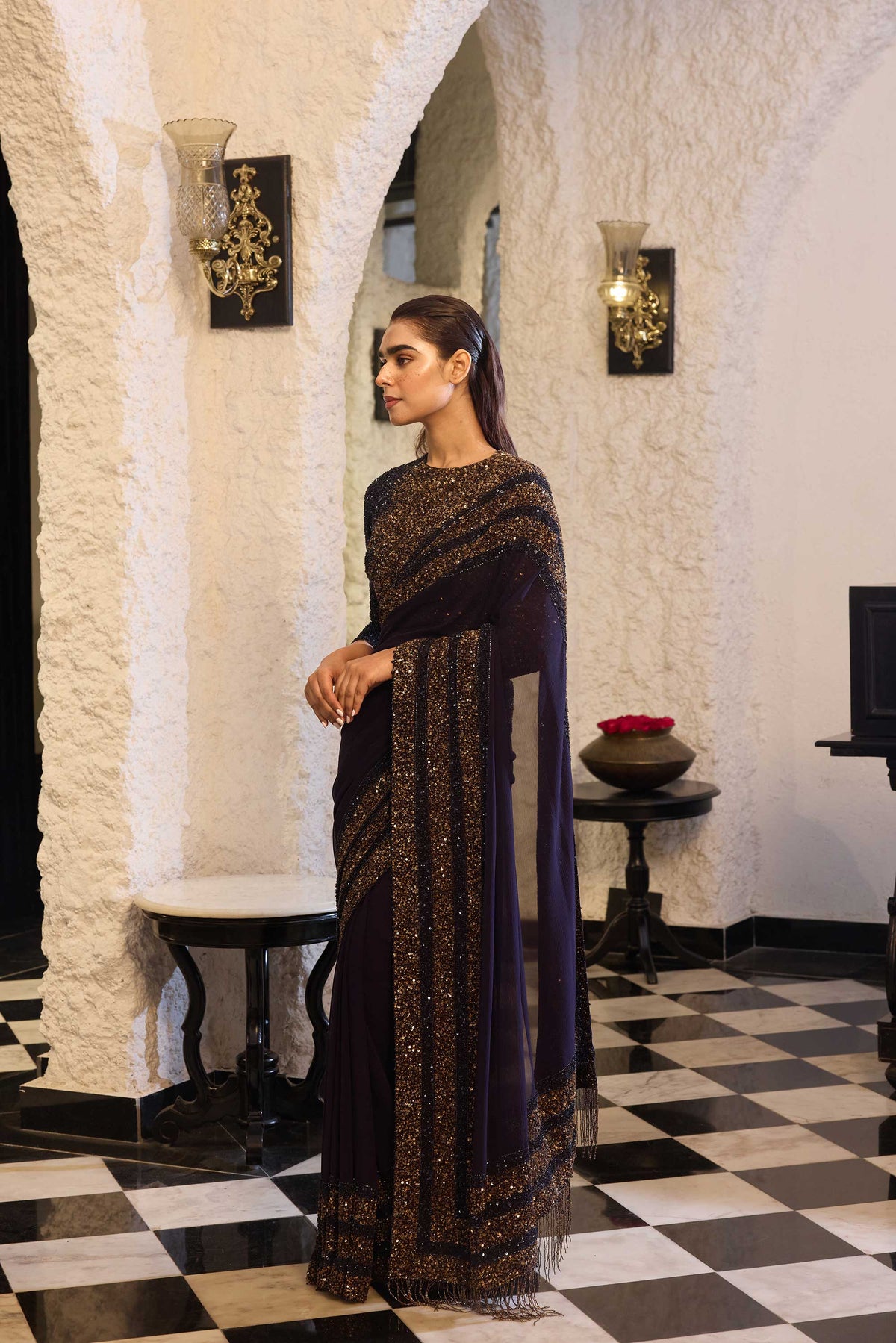 Sari Set in Antique gold and tonal sequin embroidery