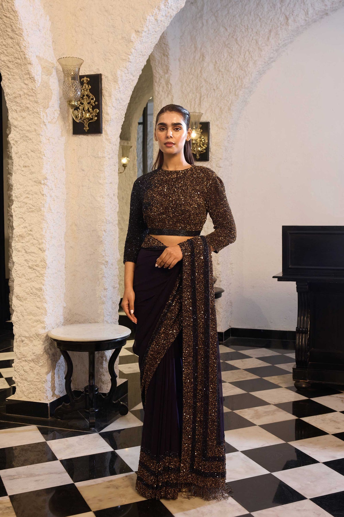 Sari Set in Antique gold and tonal sequin embroidery