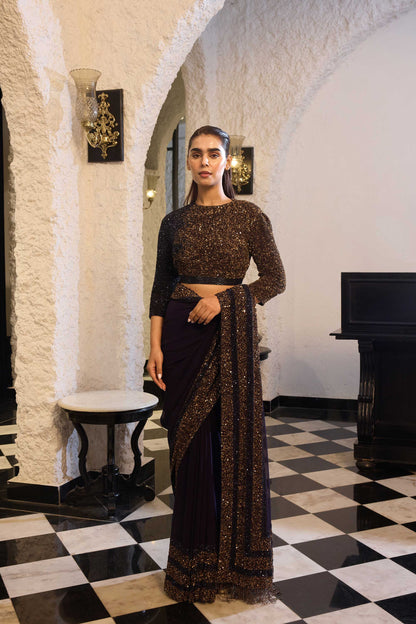 Sari Set in Antique gold and tonal sequin embroidery