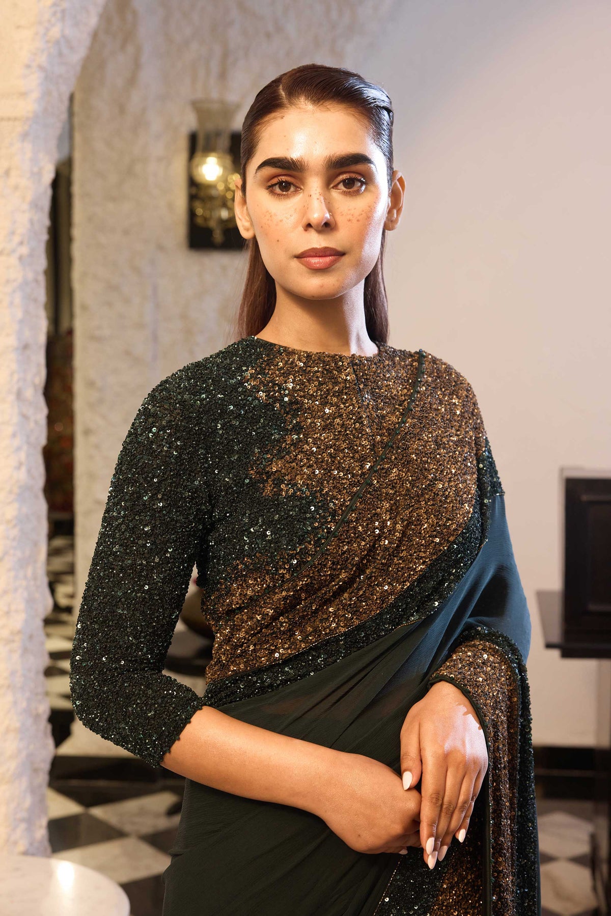 Sari Set in antique gold and tonal sequin Border