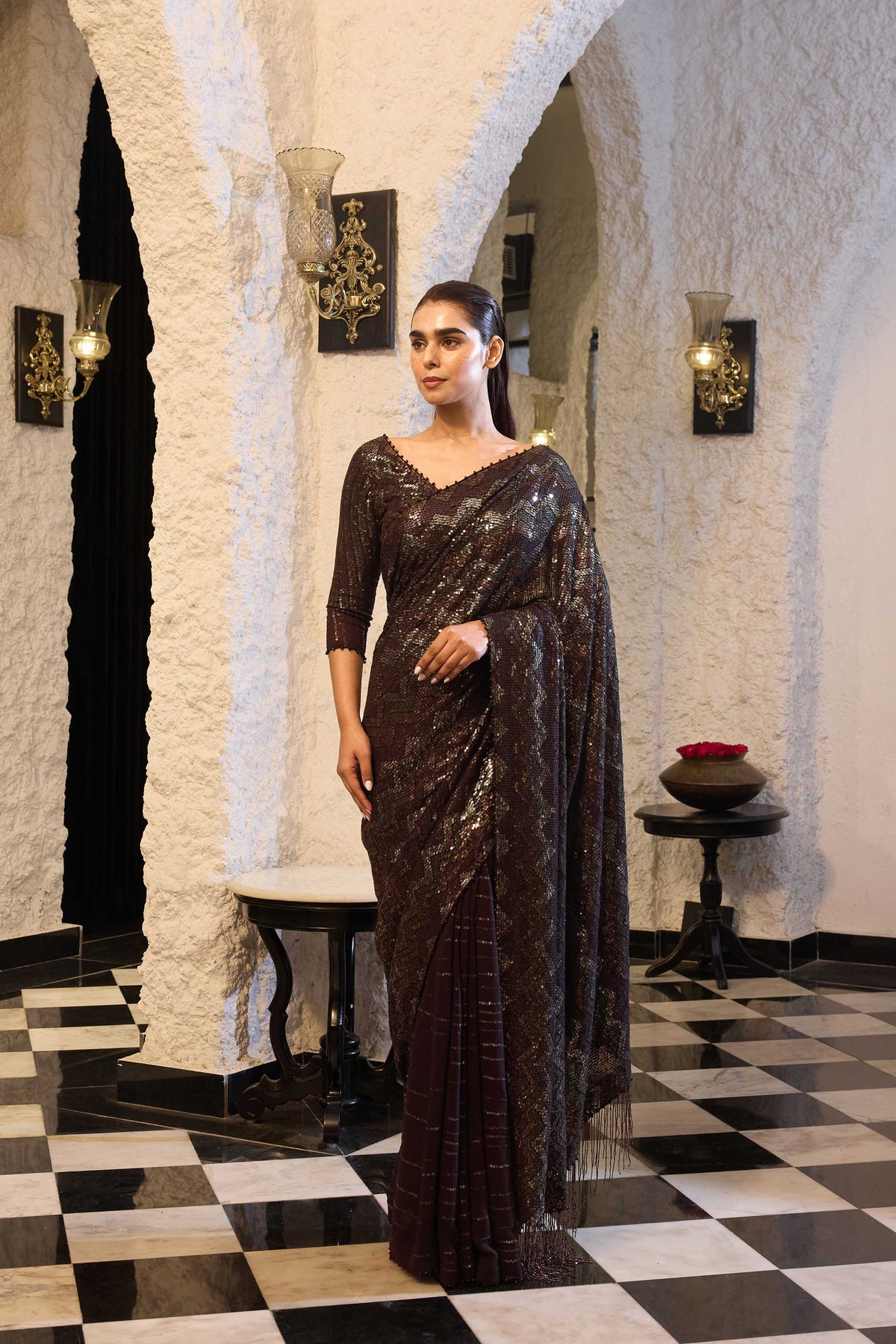 Sari Set in  Four Tone Sequin Sheeting Embroidery