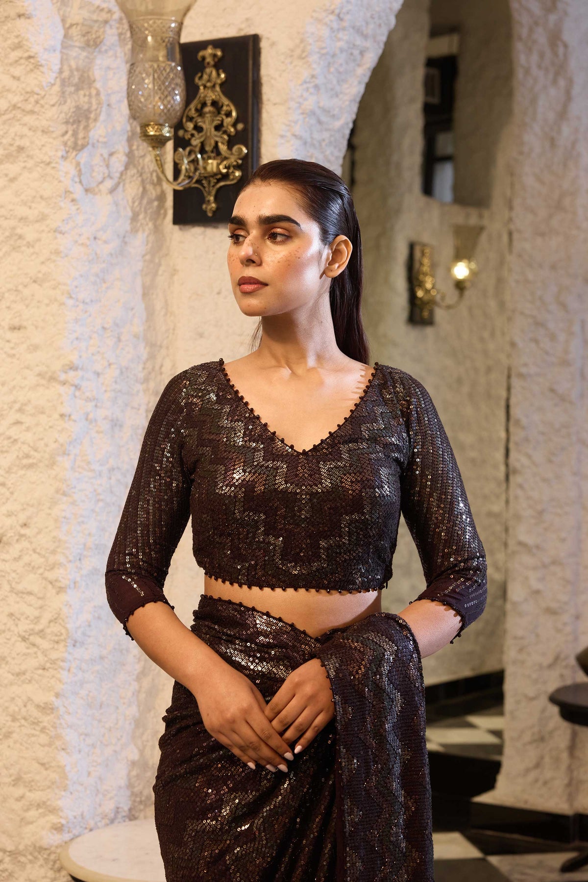 Sari Set in  Four Tone Sequin Sheeting Embroidery