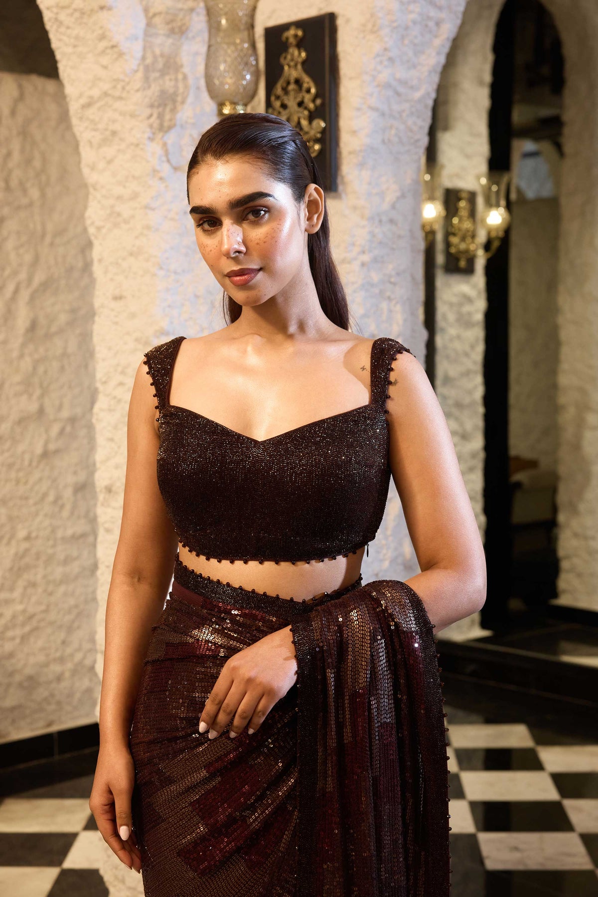 Sari Set in Three Tone Sheeting Sequin Embroidery