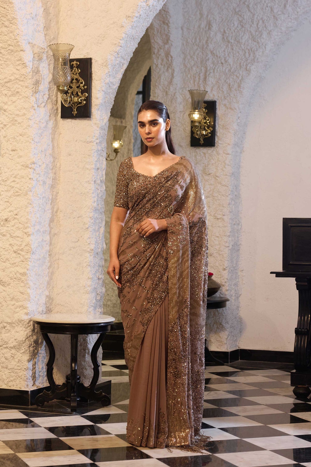 Sari Set in Sequin Embroidery in Alligator Skin Design