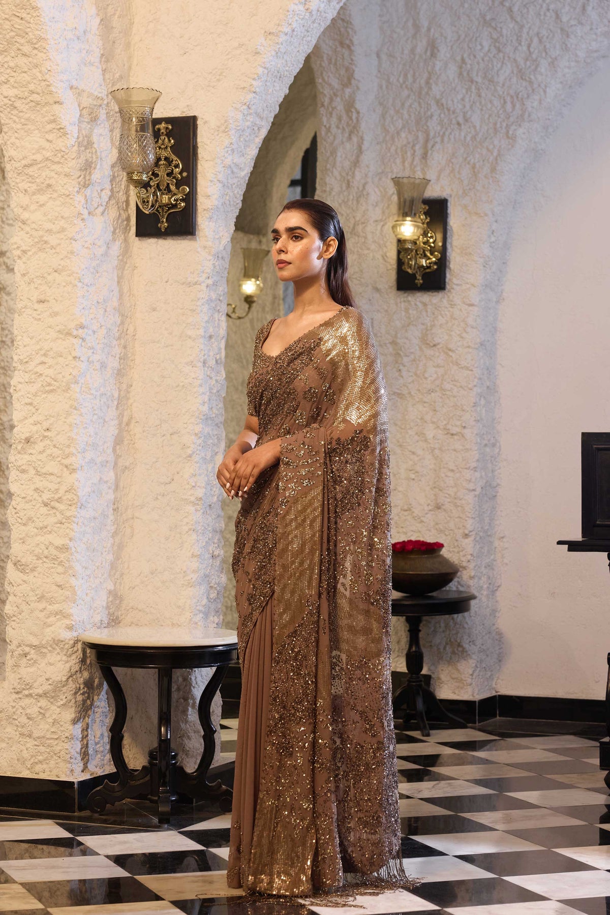 Sari Set in Sequin Embroidery in Alligator Skin Design