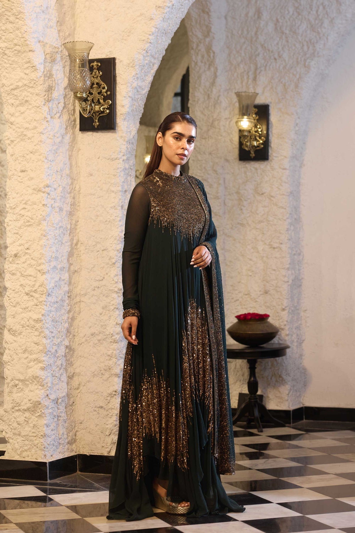 Asymmetric Kurta Set in Line Sequin Embroidery