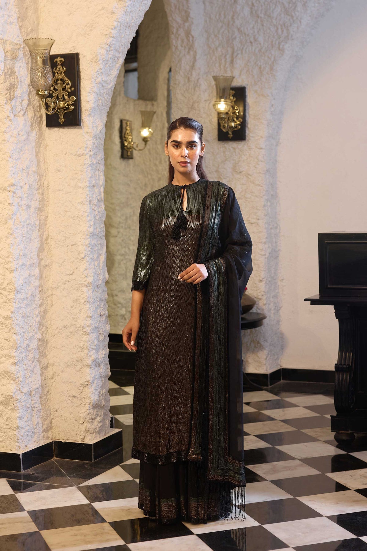 Kurta Set in two tone sequin sheeting embroidery