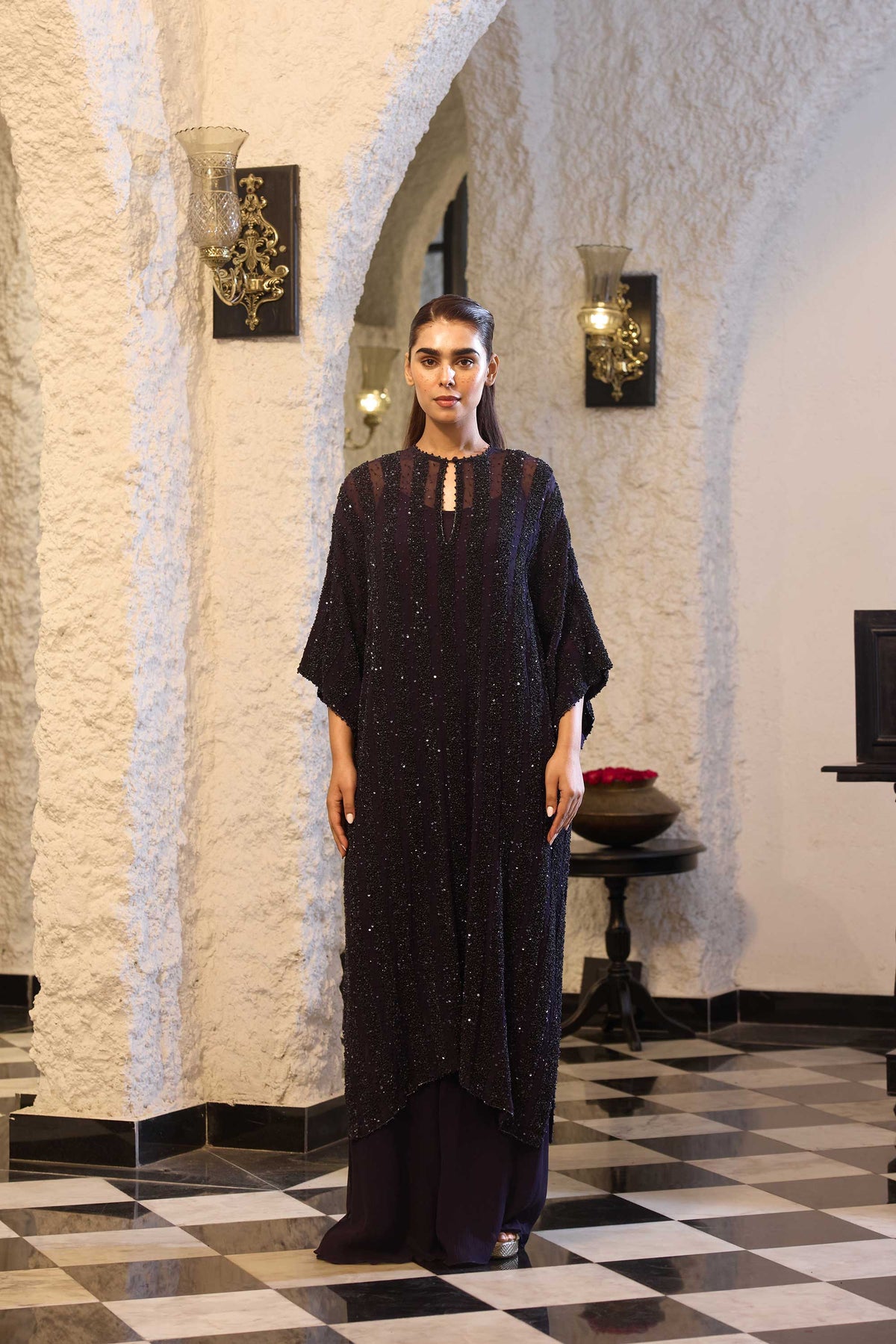 Kaftan set in tonal sprinkle sequin embroidery