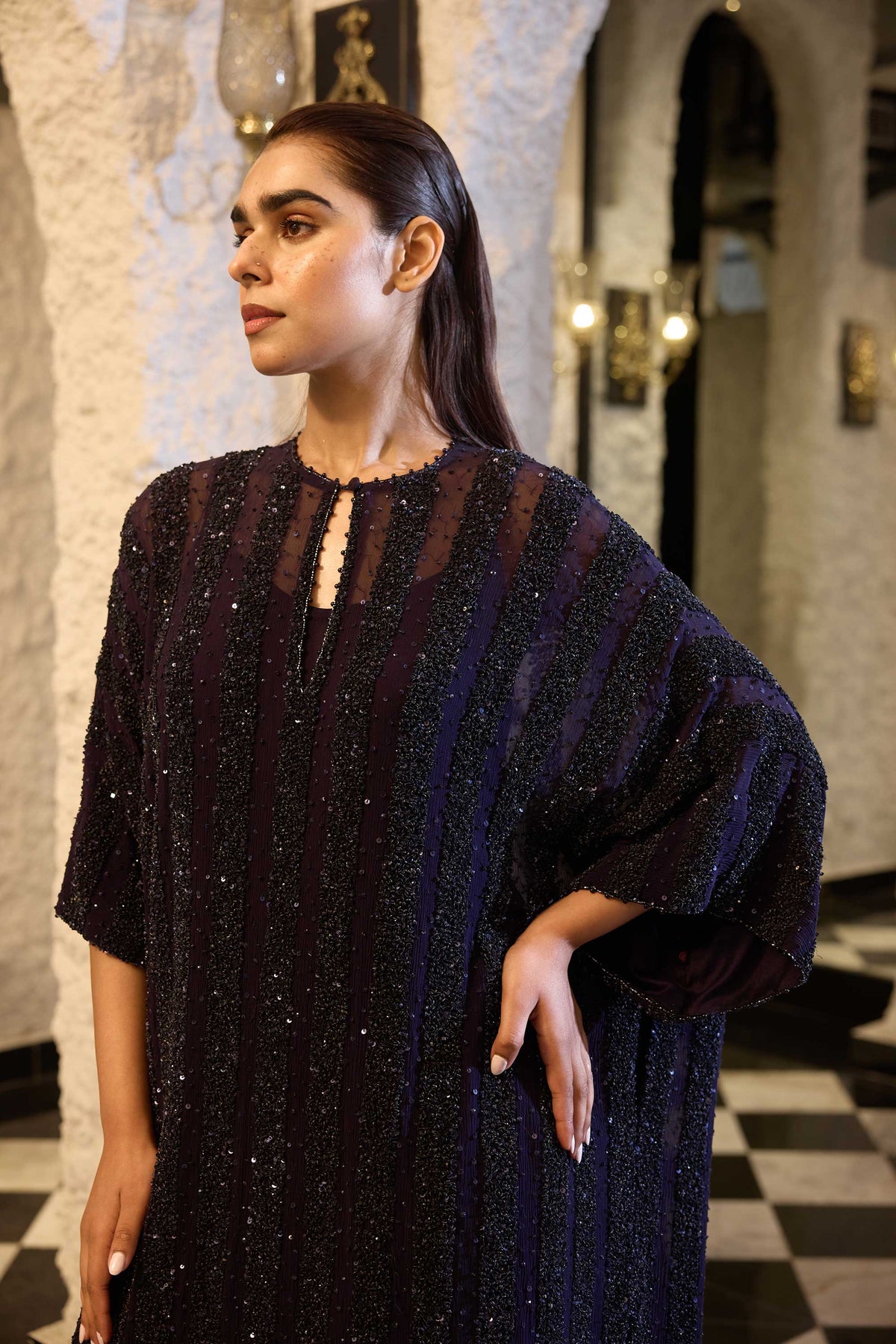 Kaftan set in tonal sprinkle sequin embroidery
