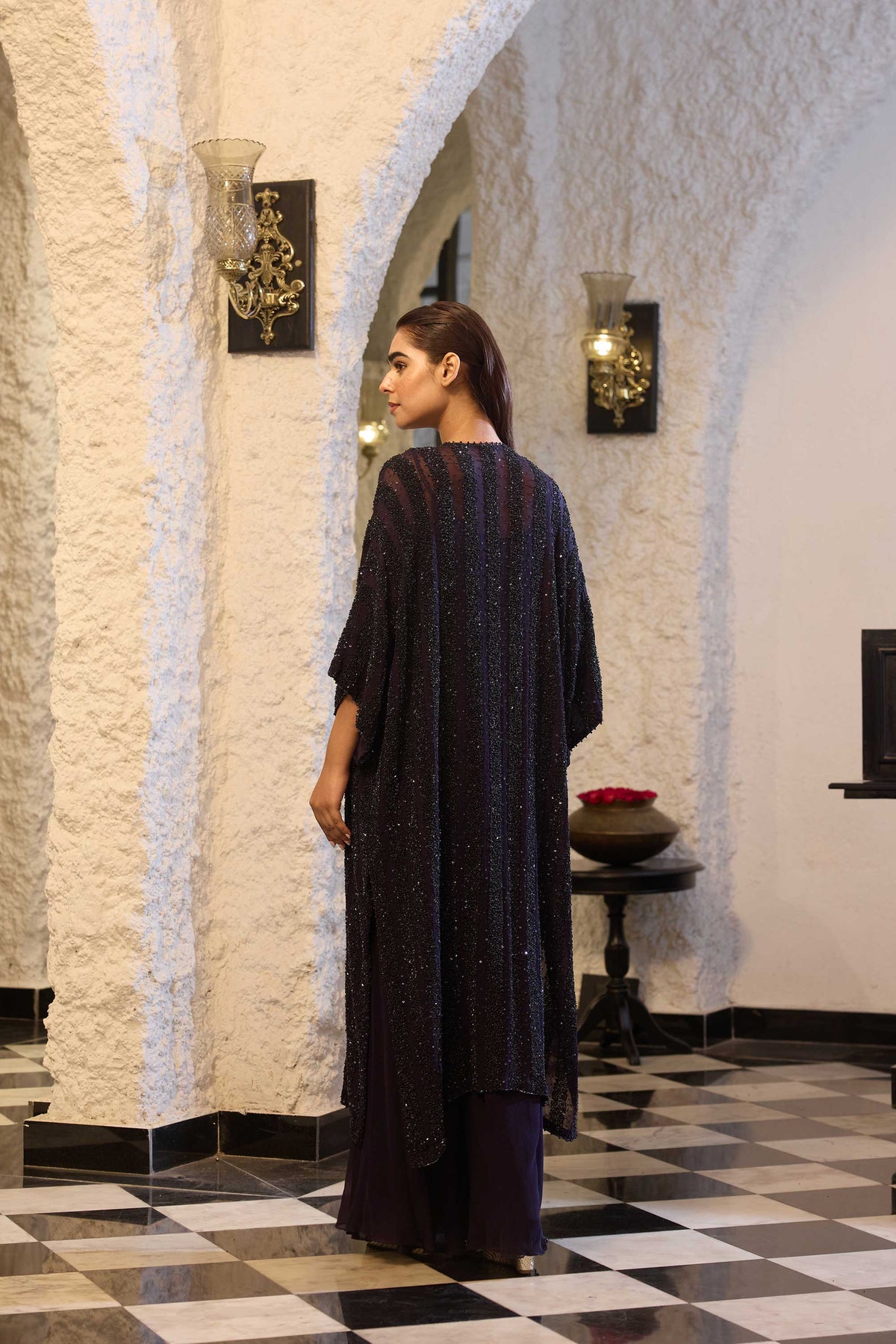 Kaftan set in tonal sprinkle sequin embroidery