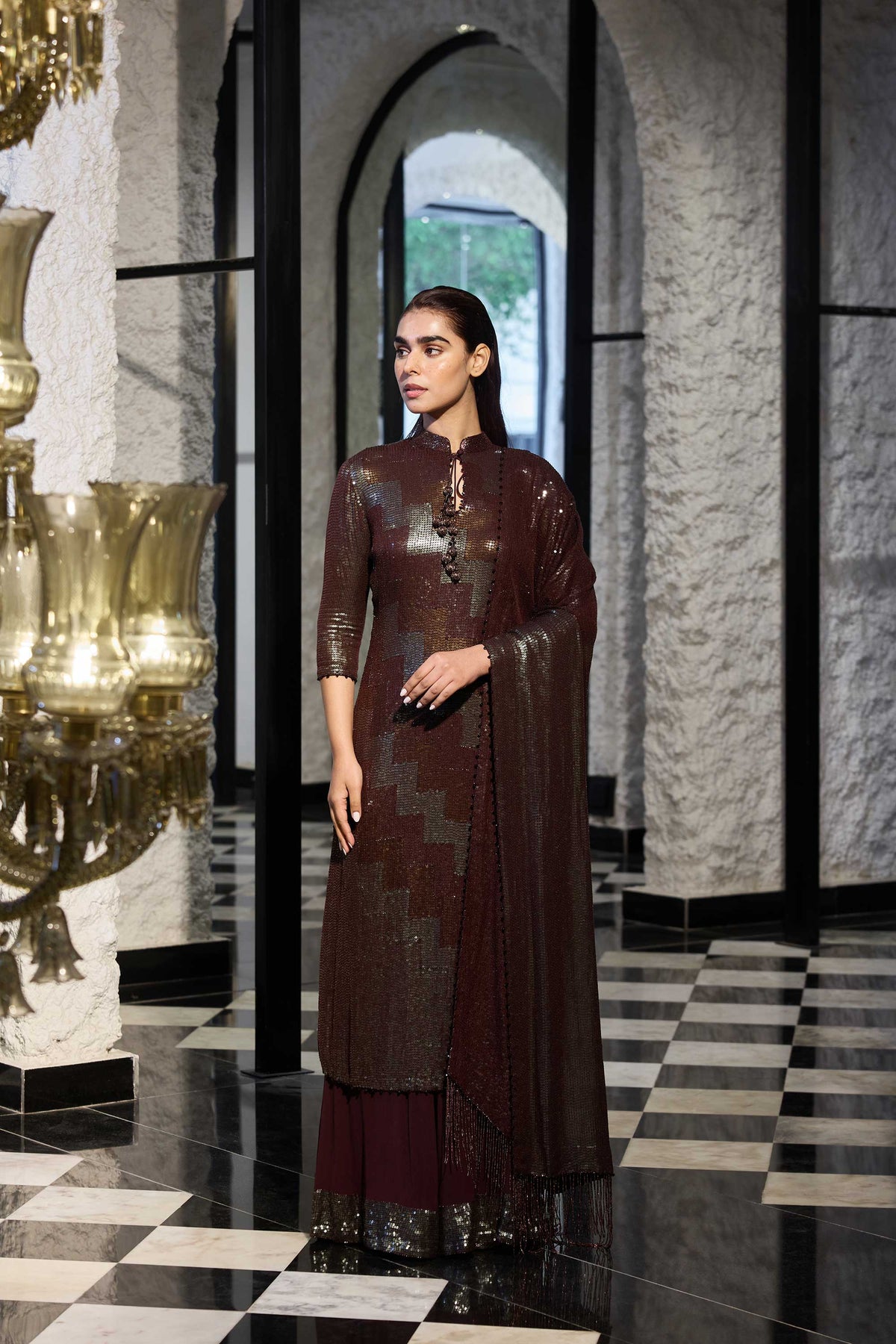 Kurta set in  three tone sequin sheeting embroidery