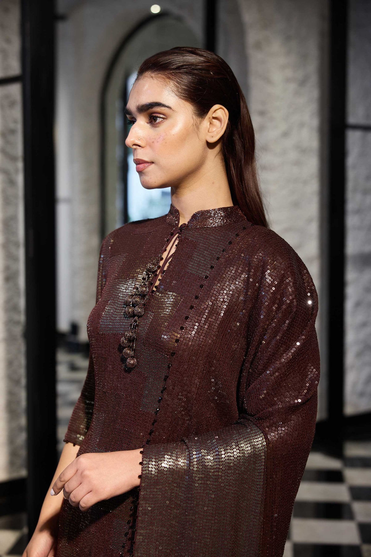 Kurta set in  three tone sequin sheeting embroidery