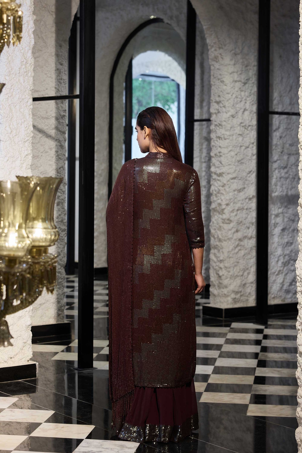 Kurta set in  three tone sequin sheeting embroidery