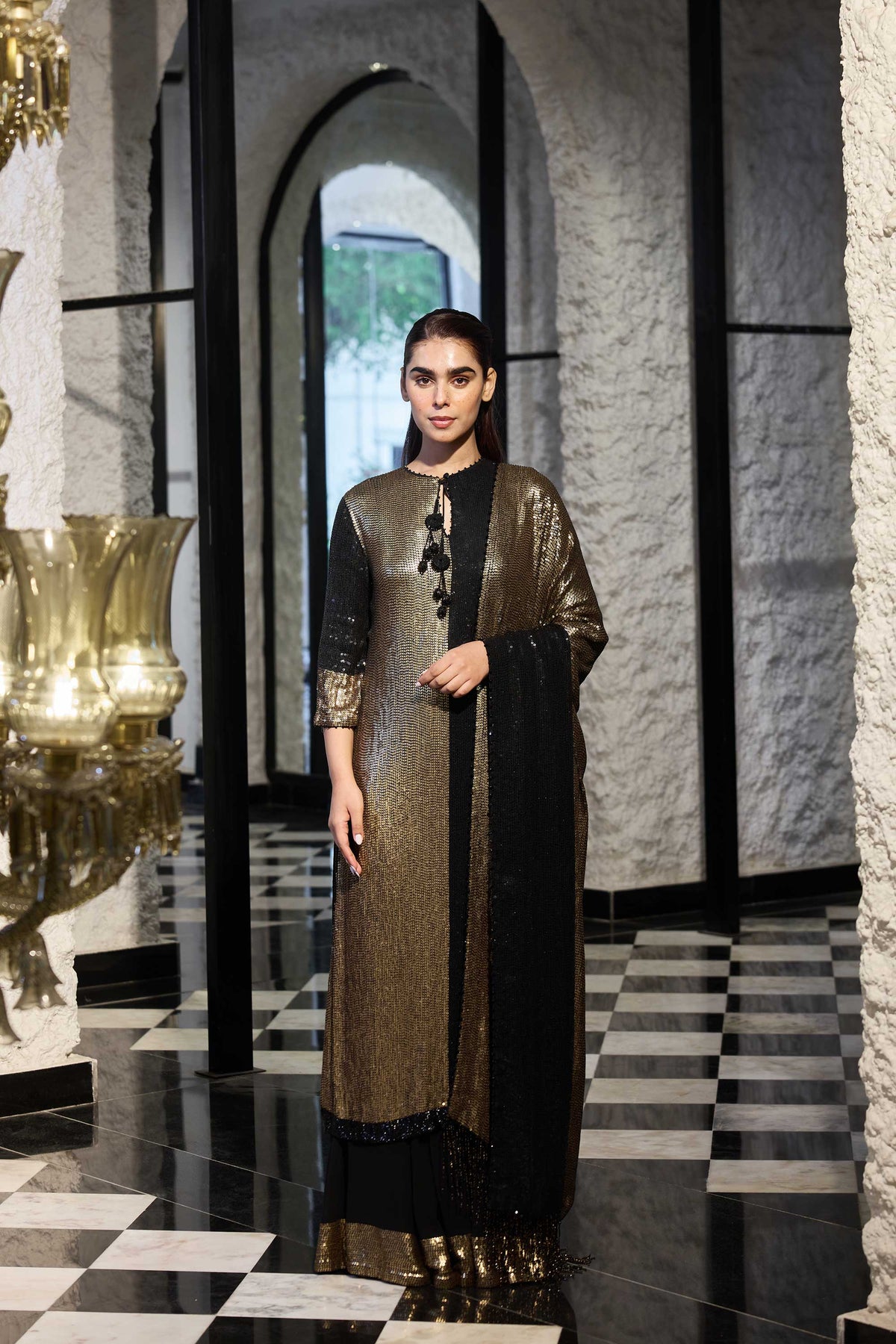 Kurta Set in Gold & Tonal Sequin Sheeting Embroidery