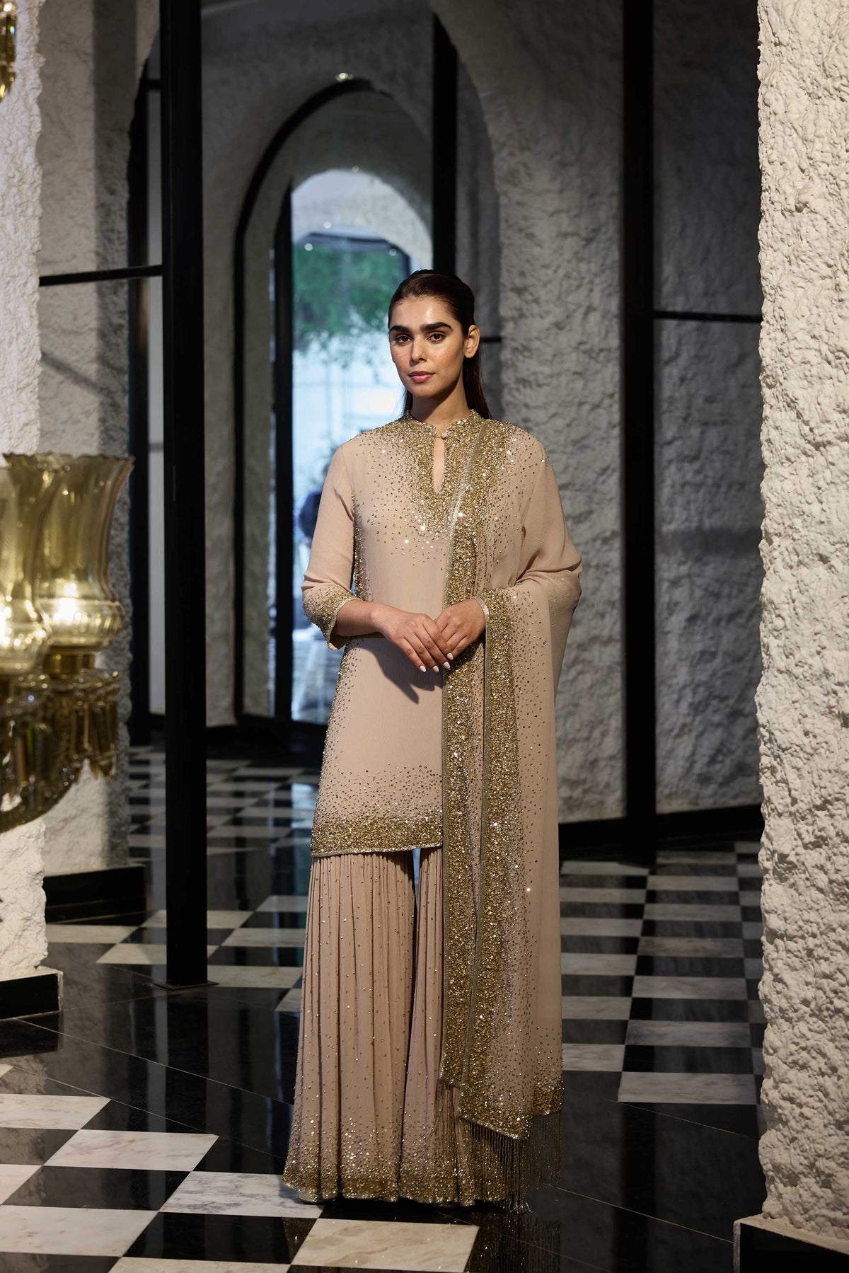 Gharara Set in Light Gold Sprinkle Sequin Embroidery