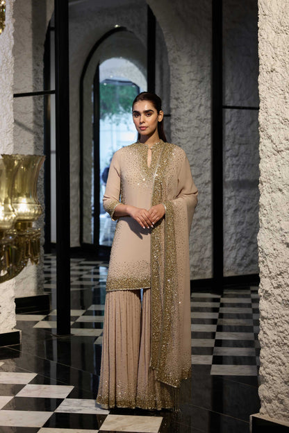 Gharara Set in Light Gold Sprinkle Sequin Embroidery