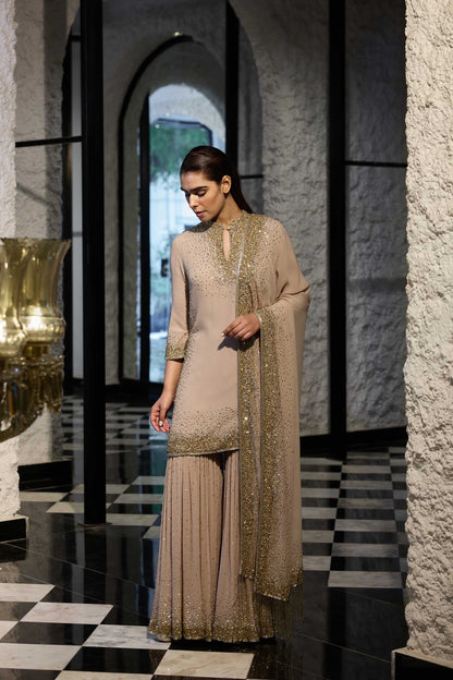 Gharara Set in Light Gold Sprinkle Sequin Embroidery