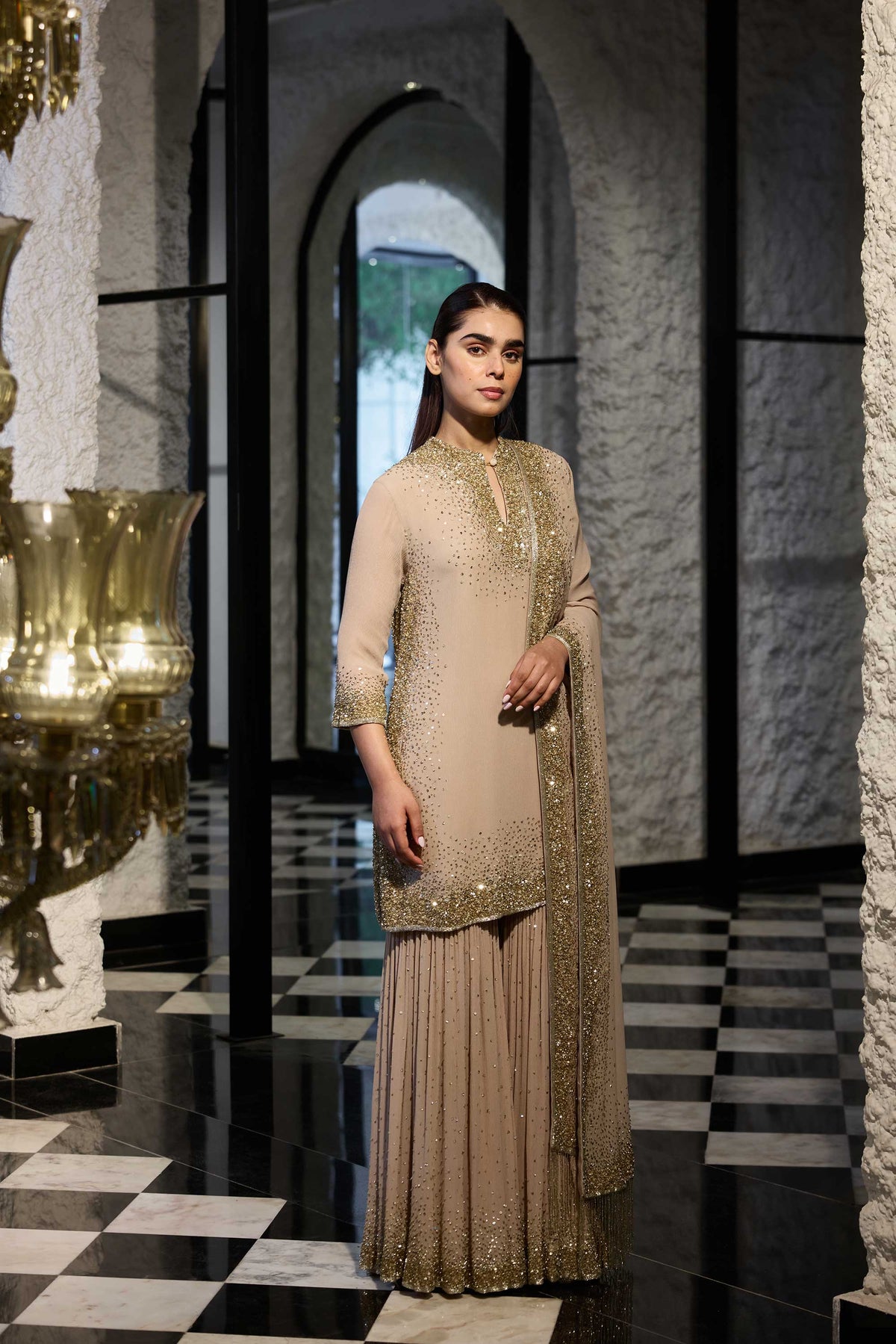 Gharara Set in Light Gold Sprinkle Sequin Embroidery