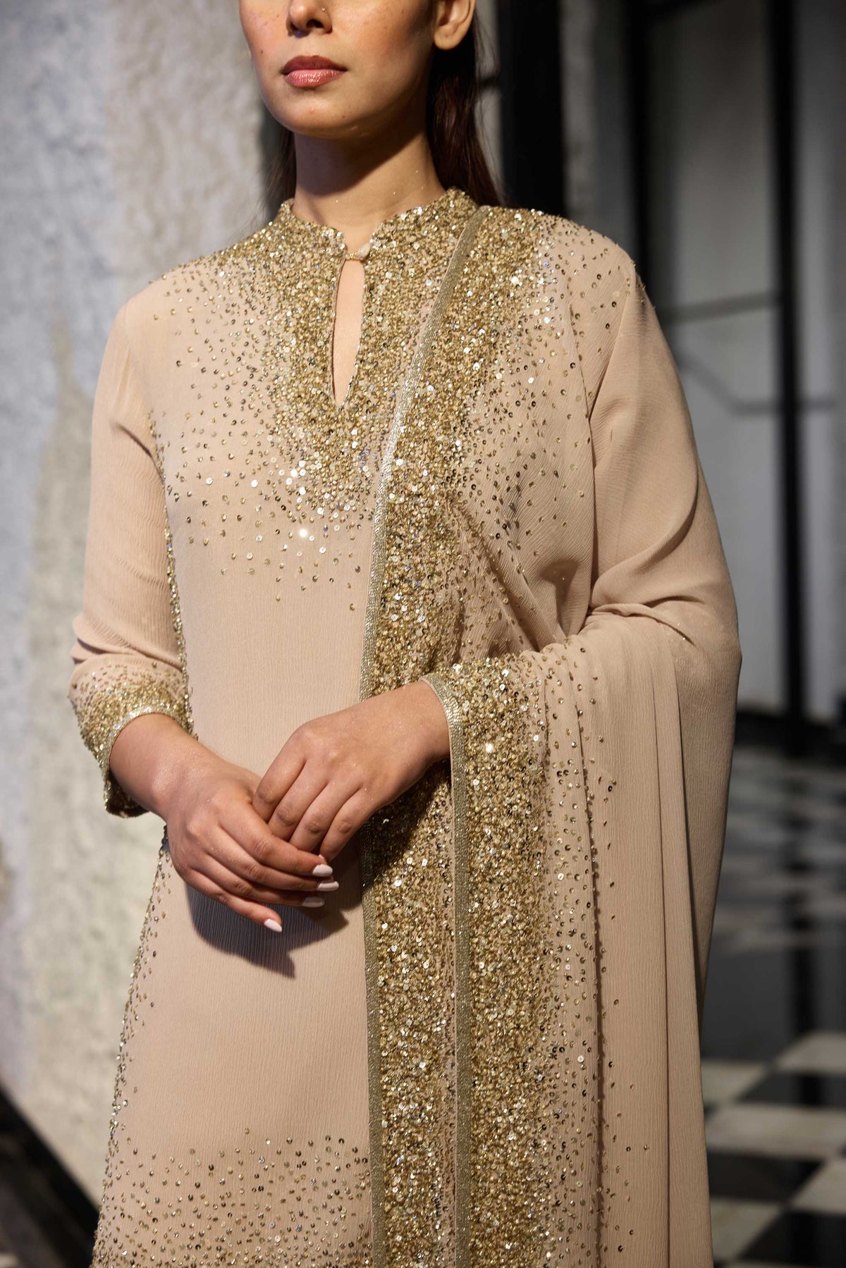 Gharara Set in Light Gold Sprinkle Sequin Embroidery