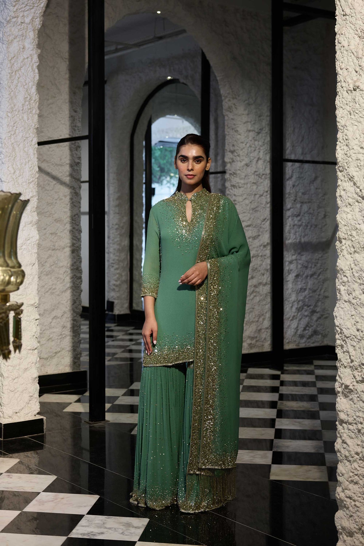 Gharara Set in Light Gold Sprinkle Sequin Embroidery