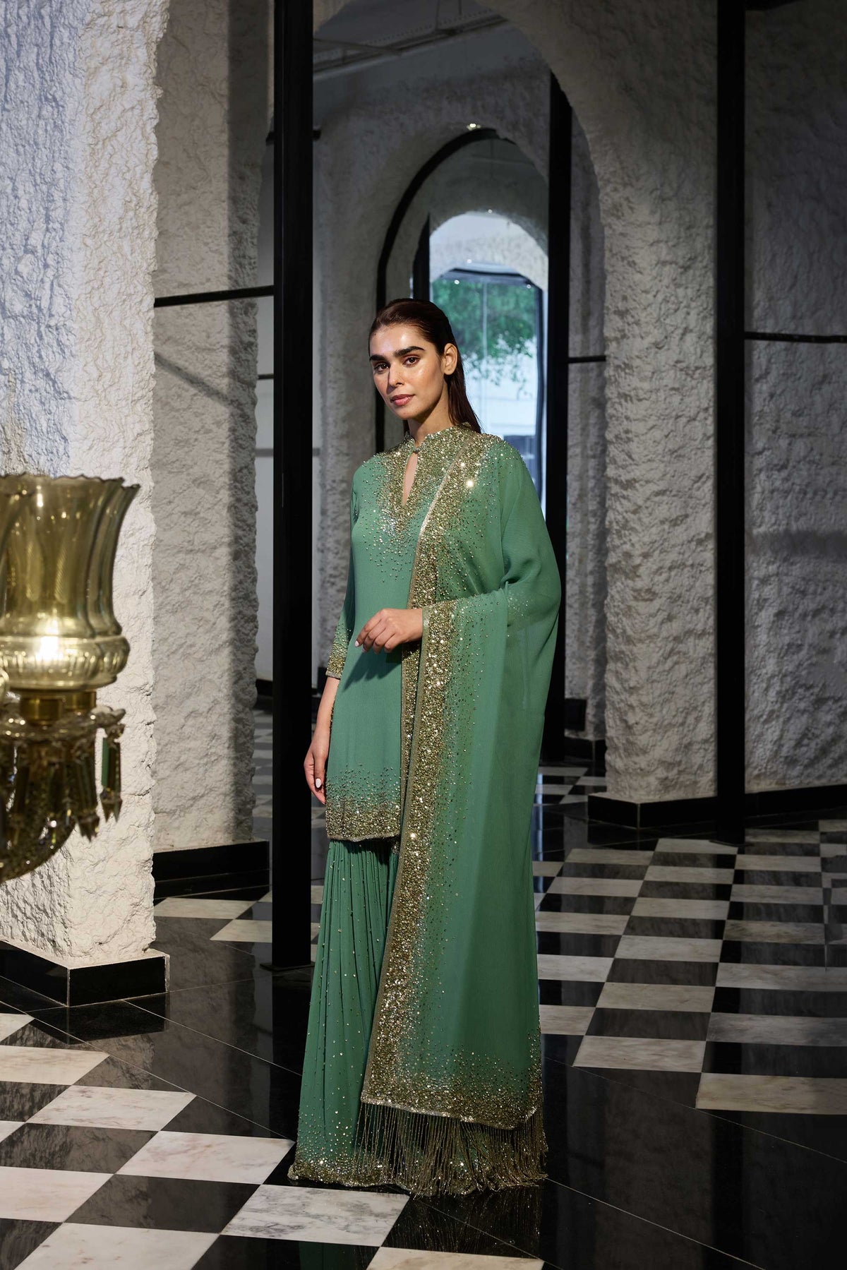 Gharara Set in Light Gold Sprinkle Sequin Embroidery