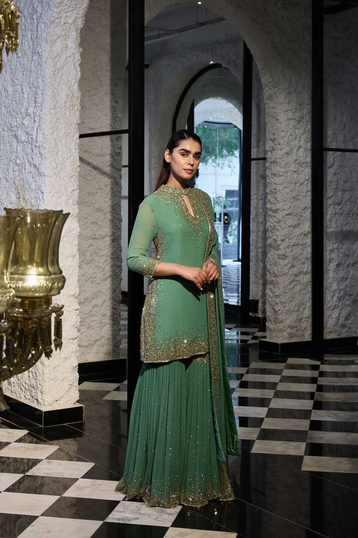 Gharara Set in Light Gold Sprinkle Sequin Embroidery