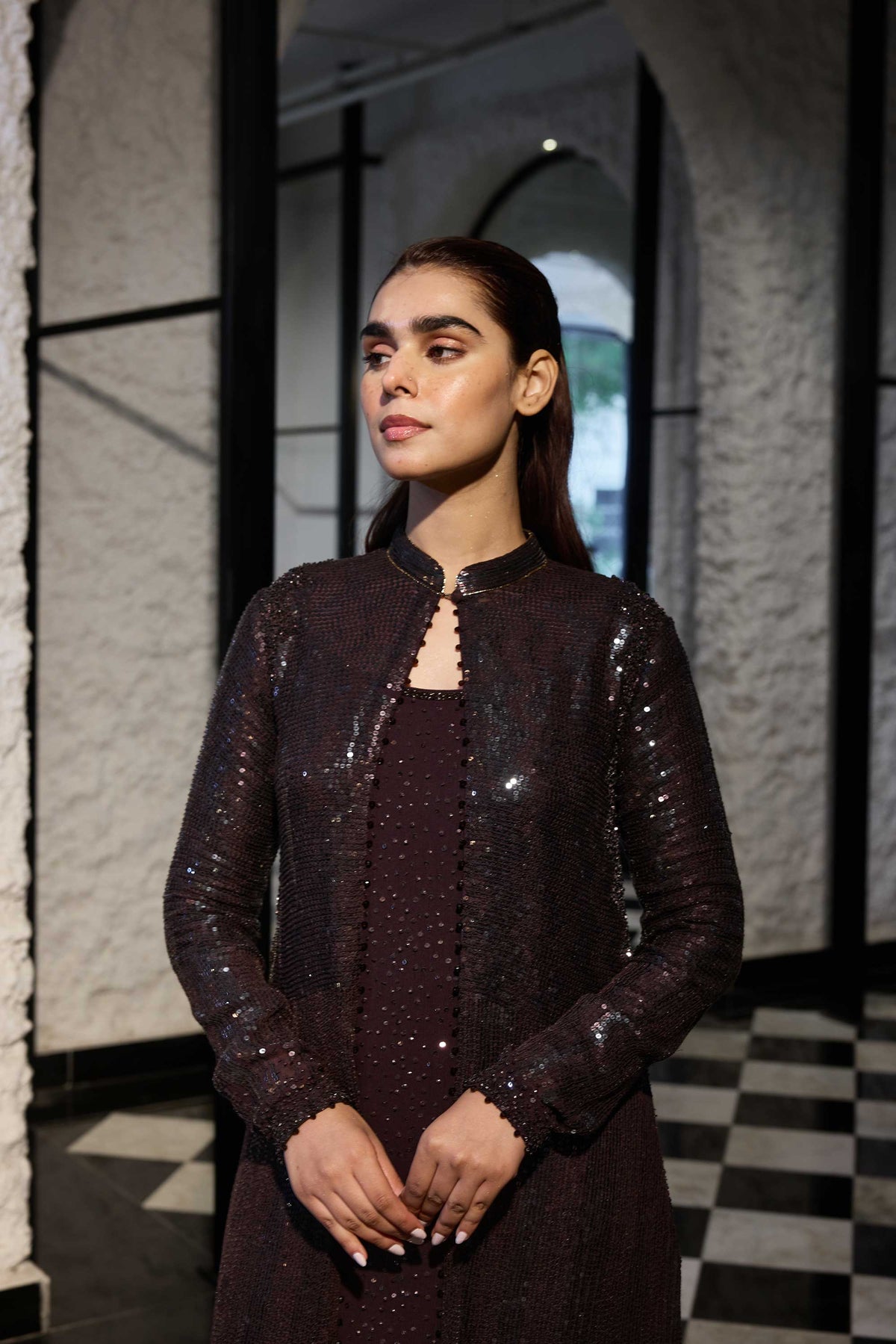Jacket Set in two Tone Sequin Sheeting  Embroidery