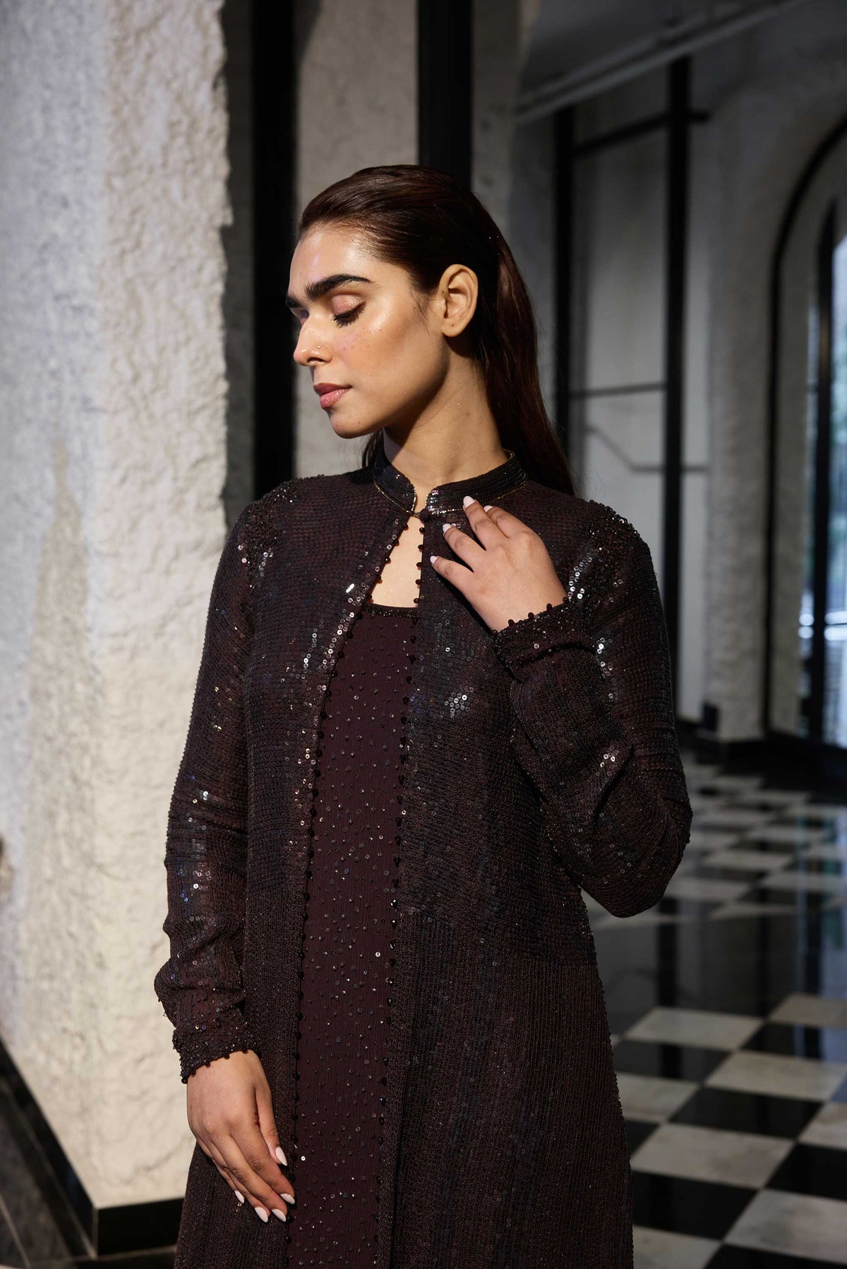 Jacket Set in two Tone Sequin Sheeting  Embroidery